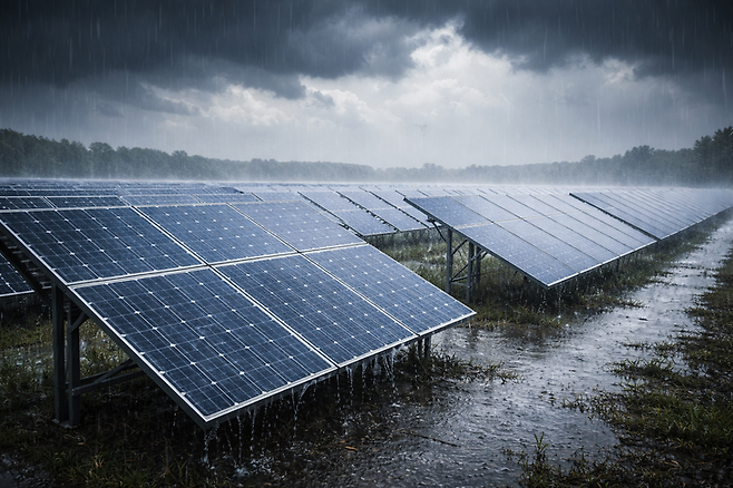 ▲태양광 발전소에 비가 내리는 모습. 사진= 챗지피티