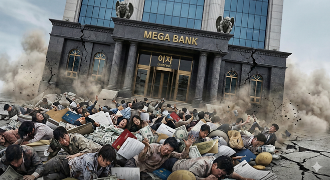 주거·교육의 압박과 투기 환상이 93만명의 신용불량을 불렀다. 벼랑 끝에 선 개인은 자존심을 버리고 철저히 현금흐름과 DSR 중심으로 생존 전략을 짜야 한다. 90일 연체라는 지옥문이 열리기 전, 프리워크아웃 등 사전채무조정을 통해 가계 재무제표를 살려야 한다. /구글 제미나이 나노바나나 제작 이미지