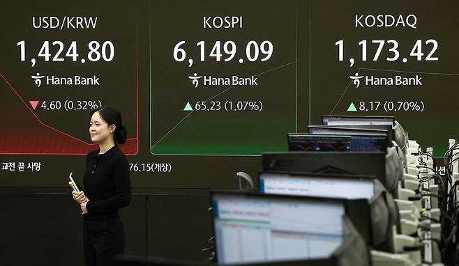 26일 서울 중구 하나은행 딜링룸 전광판에 코스피 등 시황이 표시되고 있다. 2026.2.26 뉴스1