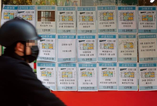 서울 마포구 공덕동의 한 부동산중개업체 매물 게시판 앞으로 시민이 지나가고 있다. 한겨레 자료사진