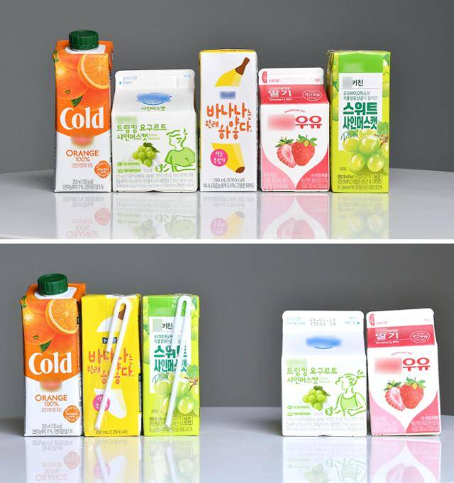 우유·주스·요구르트 등 각종 음료를 담은 '종이팩'들이 줄지어 놓여 있다(위 사진). 잘 모르고 지나치기 쉽지만 종이팩은 직육면체 빌딩 모양의 '멸균팩'과 삼각지붕이 있는 '일반팩'으로 나뉜다(아래 사진). 한국일보 자료사진