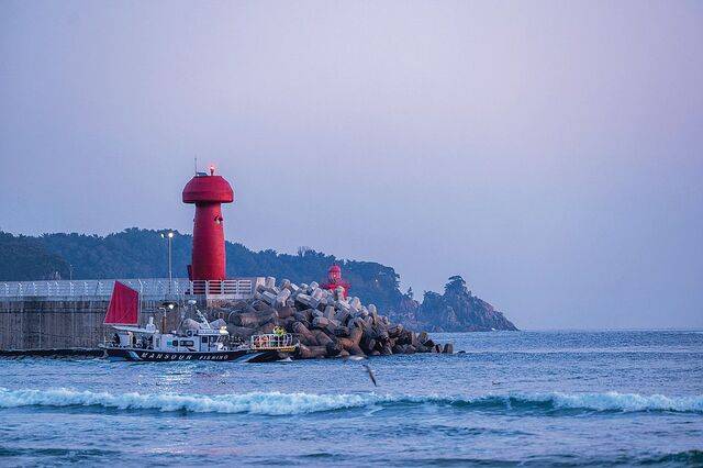 송이등대와 오른쪽 멀리 보이는 하조대 애국송.