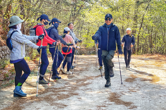 초보자는 스틱을 지팡이처럼 사용하기보다 몸의 일부로 생각하는 것이 좋다. 한국노르딕워킹협회