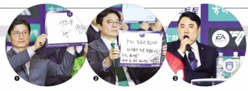 정정용 전북 현대 감독①이 25일 서울 서대문구 스위스그랜드호텔에서 열린 ‘K리그 2026 개막 미디어데이’에서 이번 시즌 우승 의지를 담은 ‘새로운 별’을 출사표로 밝히고 있다. 황선홍 대전하나시티즌 감독②은 “K리그 중심의 팀으로서 타이틀에 도전하겠다”고 했고, 김현석 울산 HD 감독③은 “모든 것을 빨아들이고 혼자 남는 블랙홀이 되겠다”고 각오를 다졌다.  연합뉴스