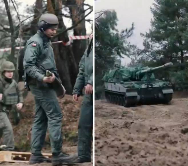 폴란드 제1기갑사단이 K9 자주포를 발사하는 폴란드 포병들의 모습을 공개했다. 엑스 캡처