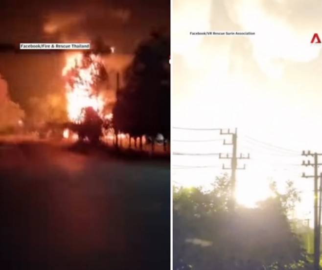 24일(현지시간) 저녁 7시 30분쯤 태국 남동부 수린주에 있는 국경경비대 무기고에서 대형 연쇄 폭발로 인한 화재가 발생했다. 페이스북 영상 캡처