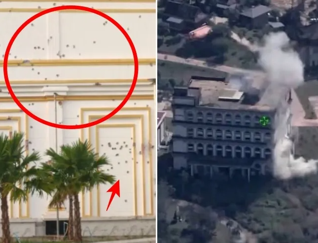 지난해 12월 9일과 10일, 태국군이 국경지역에 있는 캄보디아의 카지노와 범죄단지에 대규모 포격을 가했다. 사진 왼쪽은 포탄 흔적이 역력한 캄보디아 카지노 건물, 오른쪽은 태국군의 공격으로 연기가 피어오르는 또 다른 카지노 건물의 모습.