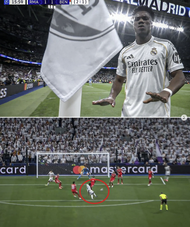 2025-2026시즌 유럽축구연맹(UEFA) 챔피언스리그 16강 플레이오프(PO) 2차전레알 마드리드와 벤피카의 맞대결, 추아메니가 득점을 만든 후 기뻐하고 있다.