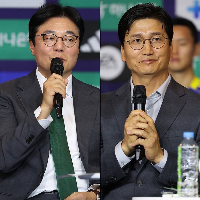 황선홍(왼쪽) 대전하나시티즌 감독과 정정용 전북 현대 감독. /사진=한국프로축구연맹 제공