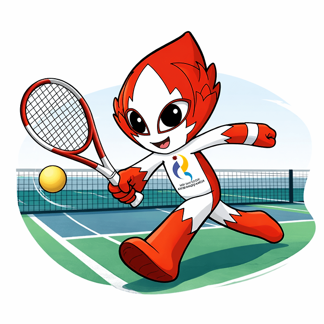 아이치 나고야 아시안게임 마스코트가 정구를 하는 모습을 AI로 생성한 이미지.