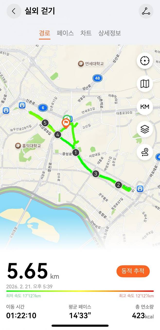 실외 걷기 기능으로 운동 동선, 페이스 등 기록을 스마트폰 내 화웨이 헬스 앱에서 확인할 수 있다. 이은서 기자.