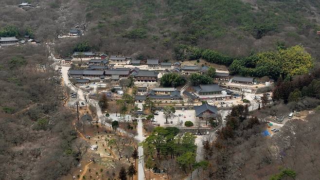 26일 부산 금정산국립공원에 있는 범어사. 드론으로 찍은 사진이다. 범어사는 합천 해인사, 양산 통도사와 함께 영남 3대 사찰로 꼽힌다. 범어사에서 금정산 정상인 고당봉까지 올라가는 코스가 인기다./김동환 기자