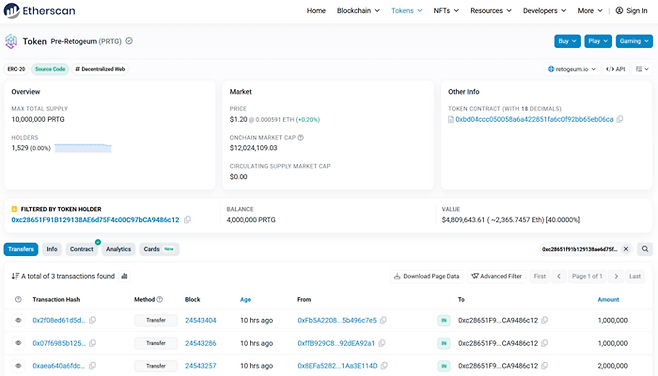 이더스캔(Etherscan)에 기록된 해킹 의심 지갑의 거래 내역. 탈취자는 가스비(수수료)로 쓰일 이더리움을 먼저 입금한 뒤, 단 3번의 이체로 400만개의 PRTG 토큰을 빼돌렸다. [사진 = 이더스캔]