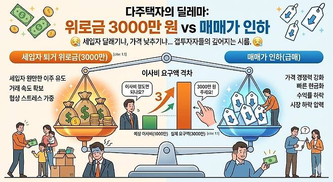 다주택자의 딜레마: 위로금 3000만 원 vs 매매가 인하. 제미나이 생성 그래픽