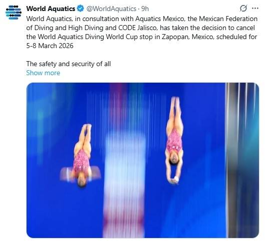 멕시코에서 열릴 예정이던 다이빙 월드컵 취소 소식을 전한 세계수영연맹. [세계수영연맹 SNS. 재판매 및 DB 금지]
