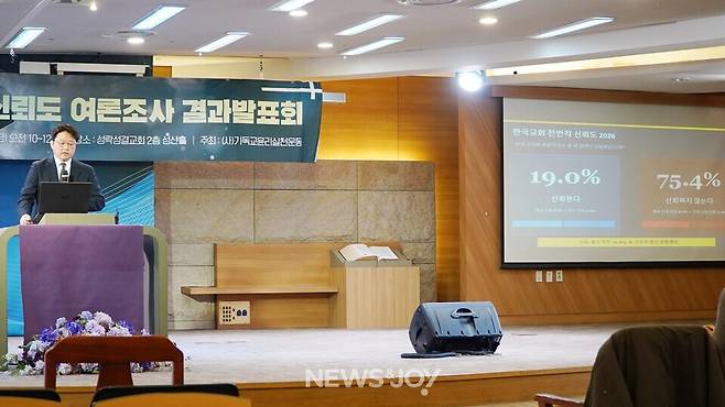 기윤실 한국교회 사회적 신뢰도 여론조사에서 국민 4명 중 3명이 한국교회를 신뢰하지 않는다는 결과가 나왔다. 뉴스앤조이 엄태빈