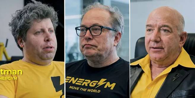 AI로 노년의 모습으로 변환된 일론 머스크, 샘 올트먼, 제프 베이조스 캐릭터가 등장하는 풍자 영상 장면. AI 시대의 에너지 수요와 고용 불안을 동시에 비튼 설정이다. (출처=AiCandy)