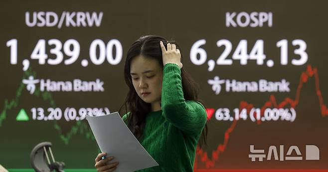 [서울=뉴시스] 정병혁 기자 = 지난 27일 서울 중구 하나은행 딜링룸 전광판에 코스피 등 종가가 나타나있다. 2026.02.27. jhope@newsis.com