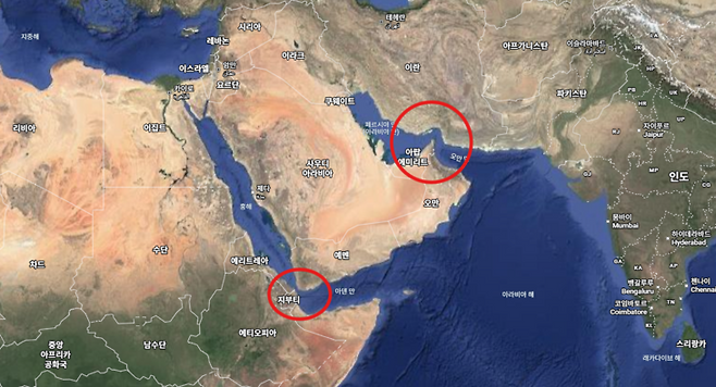 ▲세계 원유 물동량의 1/3, 우리나라 원유 수입의 2/3 이상이 통과하는 중동의 호르무즈해협. 미국과 이란과의 전쟁으로 해협이 사실상 봉쇄되면서 우리나라는 단기적으로 원유 공급에 차질을 빚을 수밖에 없게 됐다. 사진=구글 지도계 원유 물동량의 1/3, 우리나라 원유 수입의 2/3 이상이 통과하는 중동의 호르무즈해협. 미국과 이란과의 전쟁으로 해협이 사실상 봉쇄되면서 우리나라는 단기적으로 원유 공급에 차질을 빚을 수밖에 없게 됐다. 사진=구글 지도