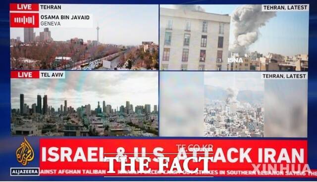 미국이 이란에 대해 군사공격을 강행한 가운데 지난달 28일(현지시간) 카이로에서 카타르의 알자지라 방송 화면에 이스라엘과 미국이 이란에 대한 공격을 방송하는 모습이 나오고 있다. /카이로=신화.뉴시스