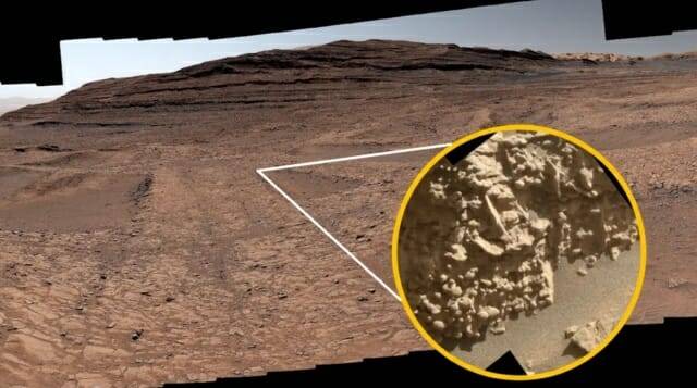 NASA는 큐리오시티 로버가 화성 표면에서 촬영한 거미줄 지형 사진들을 공개했다. 이 사진 중 하나(동그라미 표시)는 이 암석 능선 표면에 붙어 있는 작은 돌기들을 보여준다. (이미지=NASA/JPL-Caltech/MSSS)