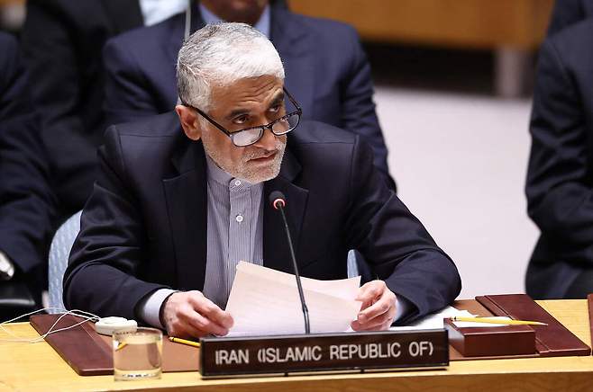 28일(현지시간) 유엔 안보리 회의에서 아미르 사에이드 이라바니 주유엔 이란 대사가 발언하고 있다. 연합뉴스