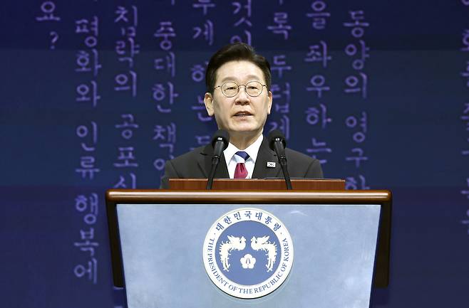 이재명 대통령이 1일 서울 강남구 코엑스에서 열린 제107주년 3·1절 기념식에서 기념사를 하고 있다. 연합뉴스