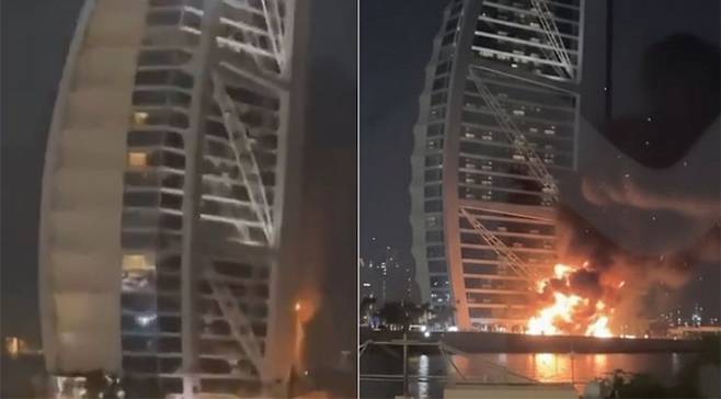 두바이의 부르즈 알아랍 호텔에 불이 난 모습. 사진=X 캡처