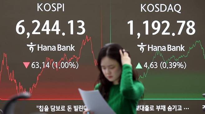 27일 서울 중구 하나은행 본점 딜링룸 전광판에 증시 종가가 나타나고 있다. 사진=뉴스1