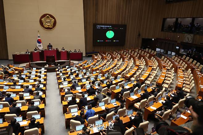 26일 국회에서 열린 2월 임시국회 본회의에 ‘법왜곡죄’를 포함한 형법 일부개정법률안이 통과되고 있다. 권도현 기자