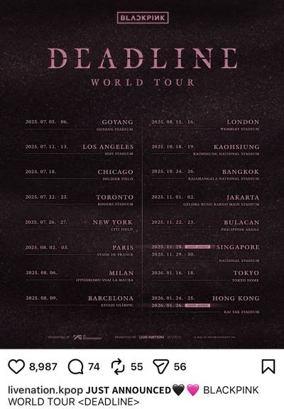 2025~2026년 블랙핑크의 월드투어 '데드라인' 일정 안내 포스터. 월드투어 기획과 티켓팅은 라이브네이션이 담당했다/사진=라이브네이션 SNS