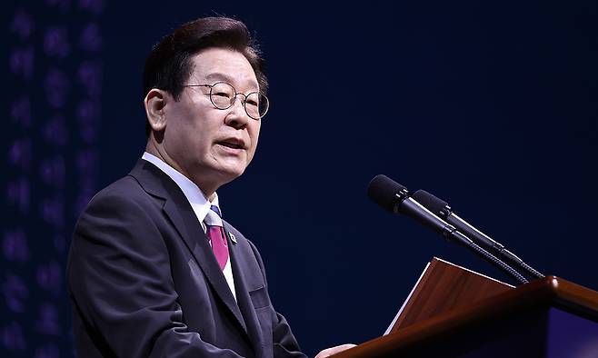 이재명 대통령이 1일 서울 강남구 코엑스에서 열린 제107주년 3·1절 기념식에서 기념사를 하고 있다. 청와대통신사진기자단