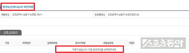 인천 남동구청 소유의 공원 부지 위에 세워진 건축물들을 둘러싸고 ‘불법 인허가’ 및 ‘데이터 조작’ 의혹이 증폭되고 있다(건축물 인허가 정보). 사진제공｜국토부