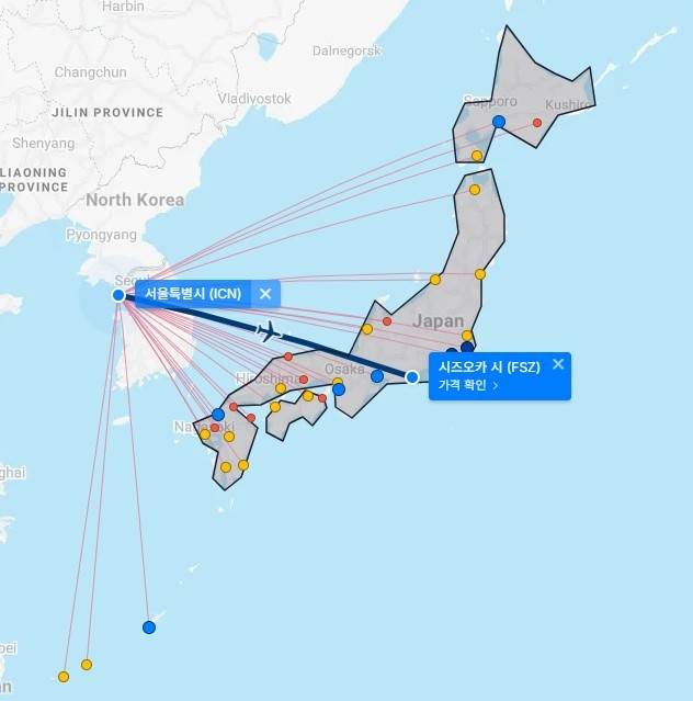 인천공항과 연결된 일본 도시 [플라이트커넥션 갈무리. 재판매 및 DB 금지]