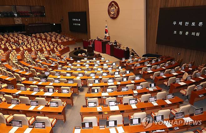 삼일절에도 이어진 국민투표법 무제한 토론 (서울=연합뉴스) 배재만 기자 = 국민의힘 조정훈 의원이 1일 국회 본회의장에서 국민투표법 전부개정법률안(대안)에 대한 무제한 토론을 이어가고 있다. 2026.3.1 scoop@yna.co.kr