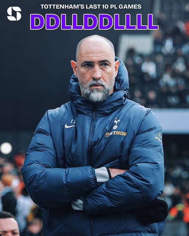 EPL 토트넘의 이고르 투토르 감독. 이미지 상단의 D는 무승부(Draw), L은 패배(Loss)를 뜻하는 것으로 10경기째 무승부와 패배를 반복 중이란 의미다. 축구 매체 스쿼사 SNS 제공