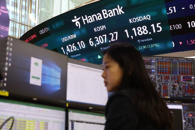 코스피가 사상 최고치 랠리를 이어가며 전장보다 223.41포인트(3.67%) 오른 6,307.27에 장을 마감한 26일 서울 하나은행 본점 딜링룸에서 딜러가 업무를 보고 있다. 연합뉴스