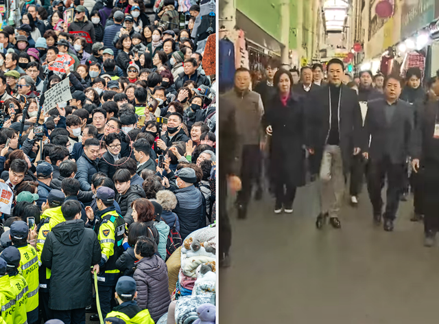 국민의힘 지도부에서 제명한 한동훈 전 당대표가 지난 2월 27일 대구 중구 서문시장을 방문했을 당시 인파에 둘러싸인 모습(왼쪽·빨간 원 표시), 장동혁 국민의힘 대표와 이인선 대구시당위원장 등이 지난 2월 11일 대구 중구 서문시장을 방문할 당시 측근과 취재진 등이 수행하는 모습(오른쪽).[연합뉴스 사진·연합뉴스TV 영상 갈무리]