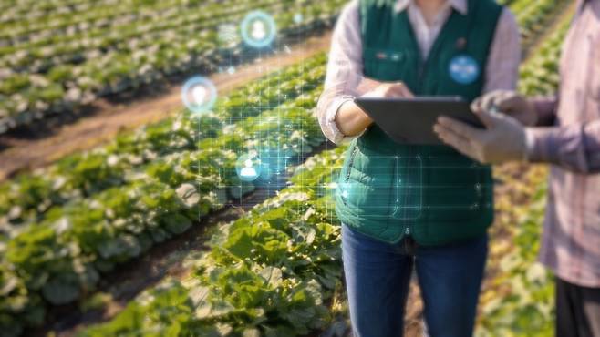 농촌 현장에서 농업인과 지원 인력이 태블릿을 통해 인력 배치 현황을 확인하는 장면을 구현한 이미지.