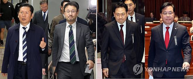의원총회 입장하는 여야 (서울=연합뉴스) 배재만 기자 = 더불어민주당 정청래 대표(왼쪽부터)와 한병도 원내대표, 국민의힘 장동혁 대표와 송언석 원내대표가 1일 국회에서 열린 각 당의 의원총회에 입장하고 있다. 2026.3.1 scoop@yna.co.kr