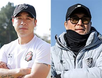 왼쪽부터 배성재 경남FC 감독, 손현준 김해FC 감독.