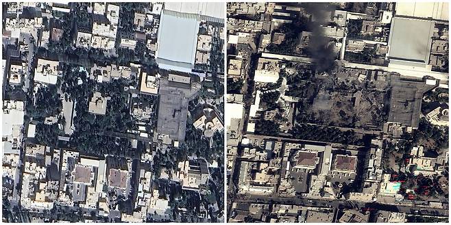 미국과 이스라엘이 지난달 28일(현지시간) 전격적인 이란 공습을 단행해 최고지도자 아야톨라 알리 하메네이를 제거했다. 이란도 하메네이가 이날 새벽 수도 테헤란의 관저 집무실(오른쪽 사진)에서 공습을 받고 사망했다고 공식 발표했다. 왼쪽 사진은 25년 6월 모습. 사진 구글어스, Airbus