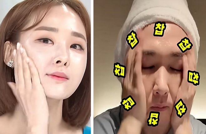 Show hosts demonstrate skin care products by forcefully patting them onto their faces during live broadcasts. (YouTube, Hyundai Homeshopping, Kim Hoyoung )