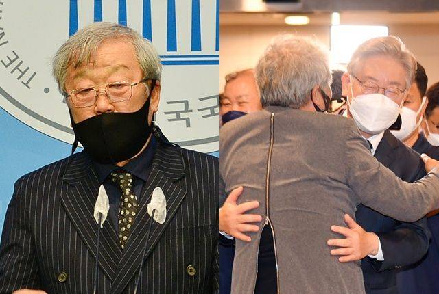 배우 명계남(왼쪽 사진)과 이재명과 포옹하는 그의 모습. 뉴시스