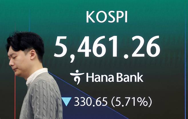미국과 이란 간의 무력 충돌로 경제시장 불안감이 지속되고 있는 4일 서울 중구 하나은행 본점 딜링룸 전광판에 코스피 지수가 나오고 있다. 뉴스1