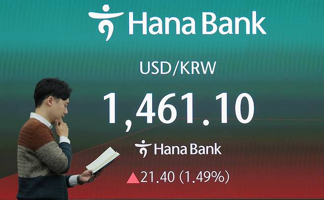 ▲3일 서울 중구 하나은행 본점 딜링룸 현황판에 원/달러 환율이 표시돼 있다.