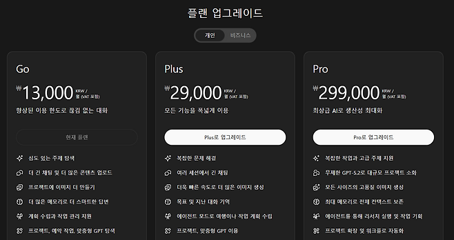 챗GPT 개인 이용자용 요금제(출처=챗GPT 홈페이지).