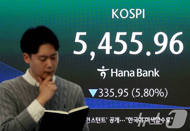 미국과 이란 간의 무력 충돌로 경제시장 불안감이 지속되고 있는 4일 서울 중구 하나은행 본점 딜링룸 전광판에 코스피 지수가 나오고 있다. 2026.3.4 ⓒ 뉴스1 이호윤 기자