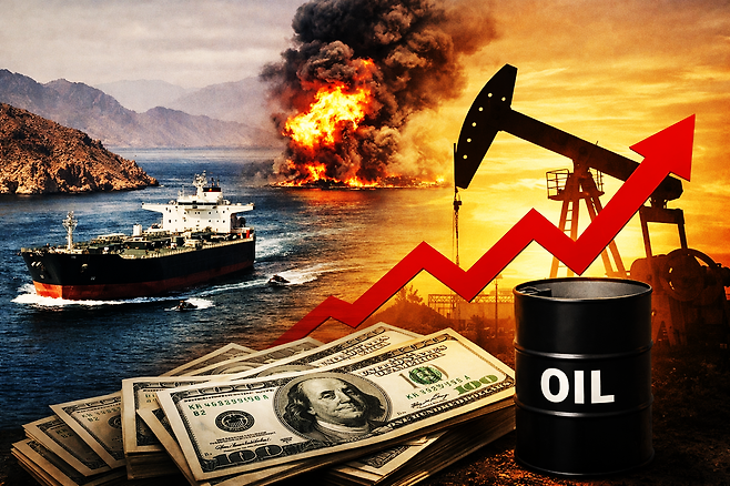 중동 전쟁 긴장으로 국제 유가 상승 가능성이 커지고 있다. 사진은 원유 운송선과 석유 생산 시설을 표현한 이미지. 챗GPT 생성 AI이미지