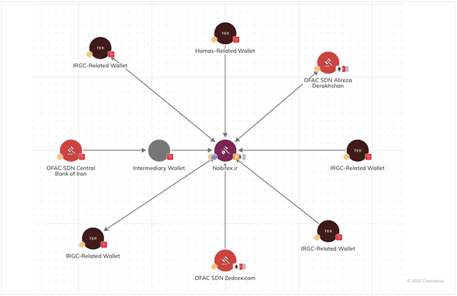 이란 최대 가상자산 거래소 ‘노비텍스(Nobitex)’를 중심으로 이란 중앙은행(CBI), 혁명수비대(IRGC) 연관 지갑, 하마스 연관 지갑 등 제재 대상 자금이 얽혀 있는 온체인 데이터 네트워크 흐름도. [자료=체이널리시스]